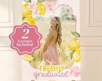 Freshly Graduated Welcome Sign Template: Lemon Graduation Citrus Grad Poster, Class of 2026 Canva Template (Digital Download)