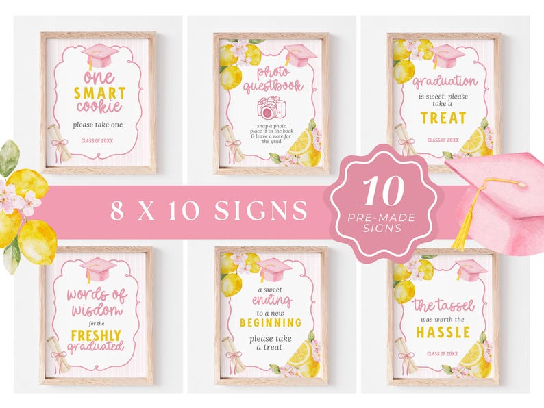 Freshly Graduated graduation party bundle, lemon graduation decor, floral graduation invitation, wildflower grad party, editable Canva template, Class of 2026 senior graduation party decorations, photo grad announcement, welcome sign, printable graduation bundle, Freshly Graduated welcome sign, Freshly Graduated invitation, wildflower graduation, pink graduation, pink graduation cap, lemon grad party, pink grad, freshly graduated