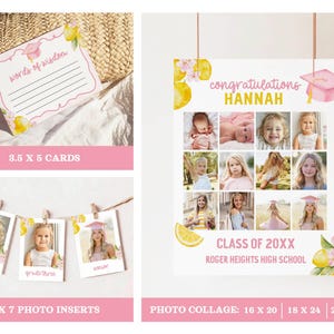 Freshly Graduated graduation party bundle, lemon graduation decor, floral graduation invitation, wildflower grad party, editable Canva template, Class of 2026 senior graduation party decorations, photo grad announcement, welcome sign, printable graduation bundle, Freshly Graduated welcome sign, Freshly Graduated invitation, wildflower graduation, pink graduation, pink graduation cap, lemon grad party, pink grad, freshly graduated