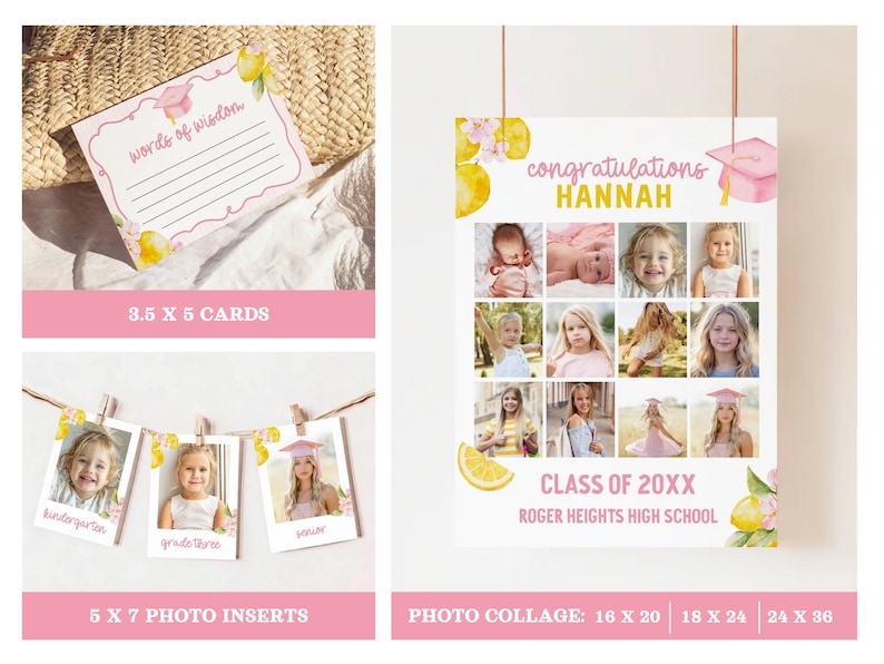 Freshly Graduated graduation party bundle, lemon graduation decor, floral graduation invitation, wildflower grad party, editable Canva template, Class of 2026 senior graduation party decorations, photo grad announcement, welcome sign, printable graduation bundle, Freshly Graduated welcome sign, Freshly Graduated invitation, wildflower graduation, pink graduation, pink graduation cap, lemon grad party, pink grad, freshly graduated