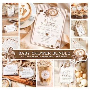 May include: A baby shower bundle with a coffee theme. The invitation reads "A Little Bean is Brewing" with coffee bean and baby footprint designs. Includes cupcake toppers, raffle cards, and a welcome sign.