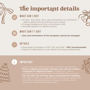 May include: A beige digital download information sheet with the title "The important details". The text explains what can and cannot be edited, and download details. Includes a note about digital downloads.
