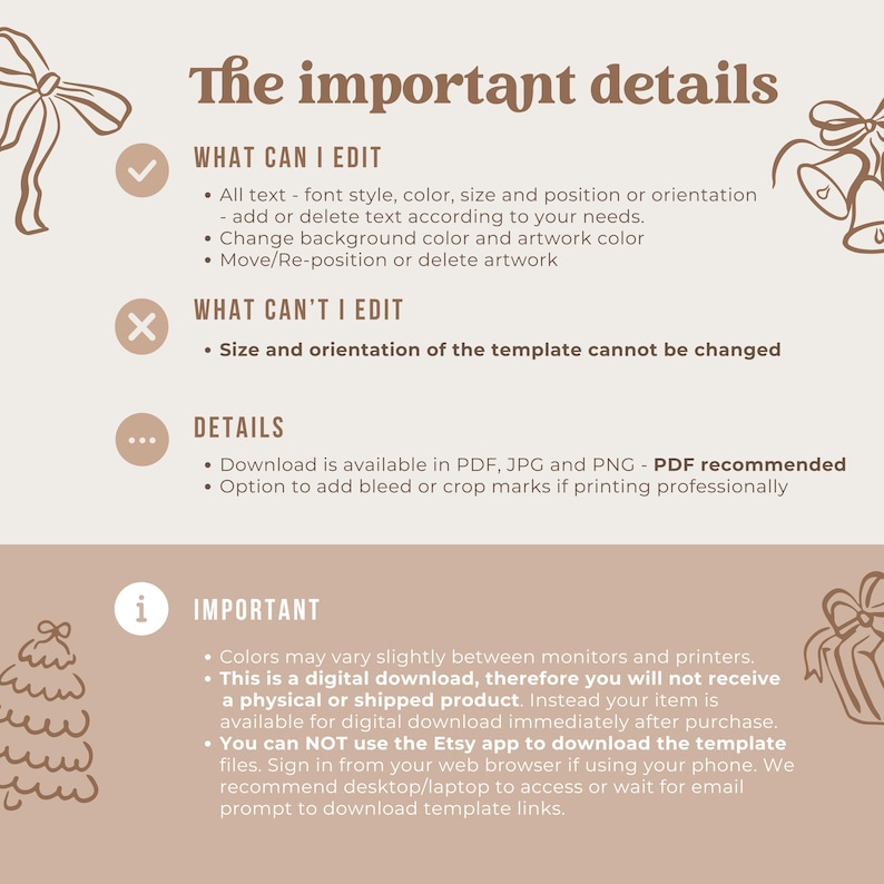 May include: A beige digital download information sheet with the title "The important details". The text explains what can and cannot be edited, and download details. Includes a note about digital downloads.