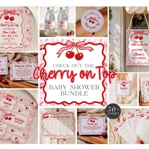 May include: A collection of baby shower decorations with a cherry theme. The items include invitations, signs, water bottle labels, and games. The color scheme is pink and red with a scalloped edge design. The text "Cherry on Top" is featured prominently.