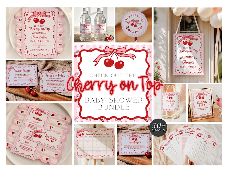 May include: A collection of baby shower decorations with a cherry theme. The items include invitations, signs, water bottle labels, and games. The color scheme is pink and red with a scalloped edge design. The text "Cherry on Top" is featured prominently.