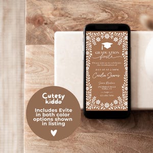 May include: A brown and white graduation party invitation on a smartphone screen. The invitation features a white floral border with a graduation cap icon and the text "GRADUATION fiestA". The invitation includes the date, time, and name of the graduate, Cecilia Juarez. The text "Please join us to celebrate the Graduation of" is also included.