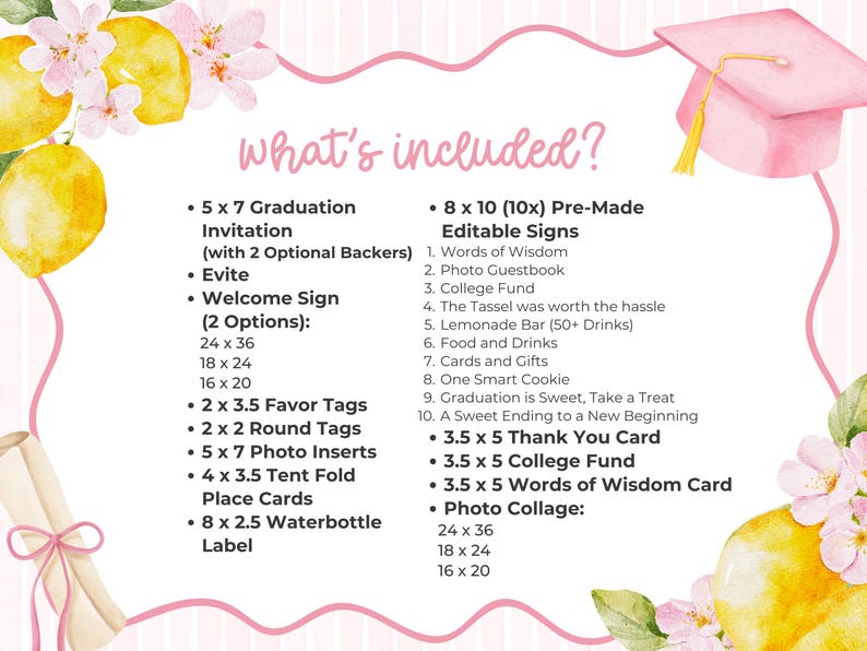 Freshly Graduated graduation party bundle, lemon graduation decor, floral graduation invitation, wildflower grad party, editable Canva template, Class of 2026 senior graduation party decorations, photo grad announcement, welcome sign, printable graduation bundle, Freshly Graduated welcome sign, Freshly Graduated invitation, wildflower graduation, pink graduation, pink graduation cap, lemon grad party, pink grad, freshly graduated