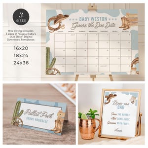 May include: Digital download templates for a baby shower, featuring a calendar with the text "Baby Weston Guess the Due Date." Includes a sign for a "Mom-osa Bar" and a table card for "Pulled Pork."