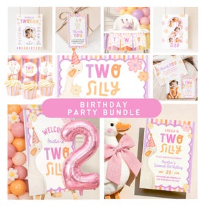 May include: A selection of party decorations with a "Two Silly" theme. Includes invitations, cupcake toppers, a high chair banner, and a pink number 2 balloon. The colour scheme is pastel pink, orange, and purple, with a goose illustration.