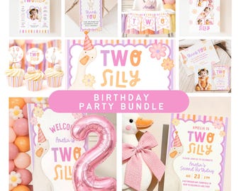 May include: A collection of party supplies with a "Two Silly" theme. Includes invitations, cupcake toppers, a high chair banner, and a pink number 2 balloon. The color scheme is pastel pink, orange, and purple, with a goose illustration.