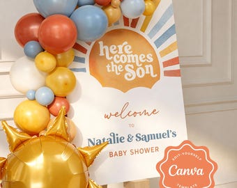 Here Comes the Son Baby Shower Welcome Sign, Sun Theme, Canva Template (Digital Download)