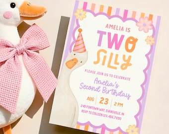 TWO Silly Goose Birthday Invitation | Silly Goose 2nd Birthday Invite | Girl Second Birthday Party | Editable Digital Download Template