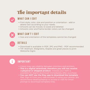 May include: A digital download information sheet with the title "The important details" in a brown font. The sheet lists what can and can't be edited, and details about the download. The background is a light pink color.