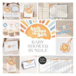 Ecco che arriva il pacchetto baby shower per il figlio, Ecco che arriva il pacchetto Sun, Baby shower per il figlio Sonshine, Boho Sunshine Shower, Download digitale, BBS170