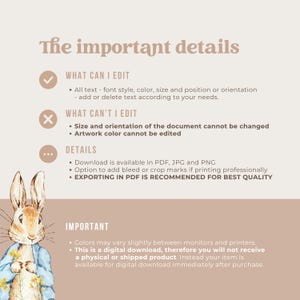 May include: A digital download product information sheet with text in a soft brown font. The text includes details about what can and cannot be edited, download formats, and important notes. A watercolor illustration of a rabbit in a blue jacket is in the corner.