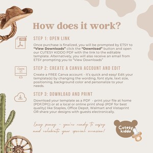 May include: A beige graphic with the text "How does it work?" and instructions for downloading and editing a template. Includes icons for PDF, Canva, and download. The Cutesy Kiddo logo is also present.
