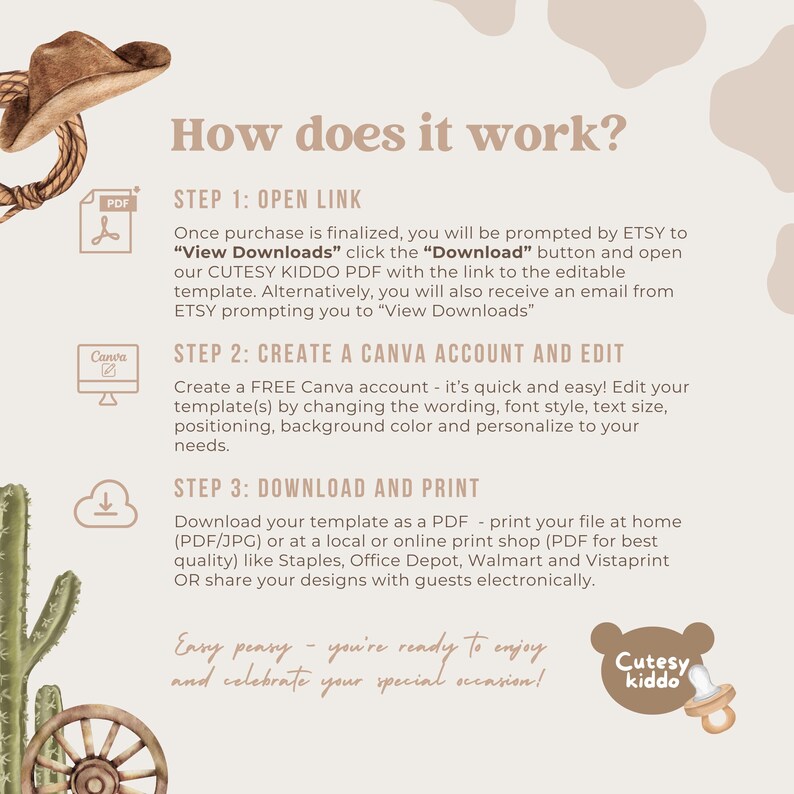 May include: A beige graphic with the text "How does it work?" and instructions for downloading and editing a template. Includes icons for PDF, Canva, and download. The Cutesy Kiddo logo is also present.
