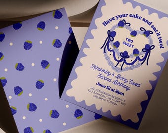 May include: Purple invitation with a white background and a cartoon illustration of a berry cake with the text "Have your cake and eat it two!" and "Two Sweet". The invitation is for Kimberley's Berry Sweet Second Birthday on June 12th at 2pm at The Henderson Residence, 222 Balmoral Way, Unit #02, Orlando, Florida.