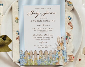 Peter Rabbit Woodland Garden Bunny Baby Shower Invitation: Outdoor Rustic Storybook Blue Baby Boy Theme