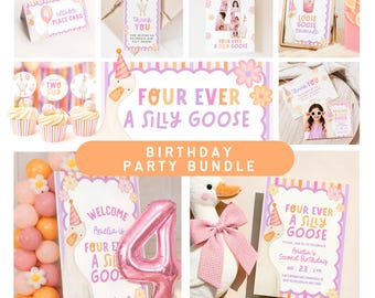 Four Ever A Silly Goose Fourth Birthday Bundle: Editable Goose Birthday Decorations, 4th Birthday Invitation (Canva Template)