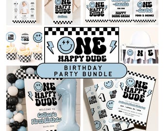 May include: A birthday party bundle with a 'One Happy Dude' theme. Includes invitations, signs, cupcake toppers, and banners. The color scheme is black, white, and light blue, with a smiley face and lightning bolt design.