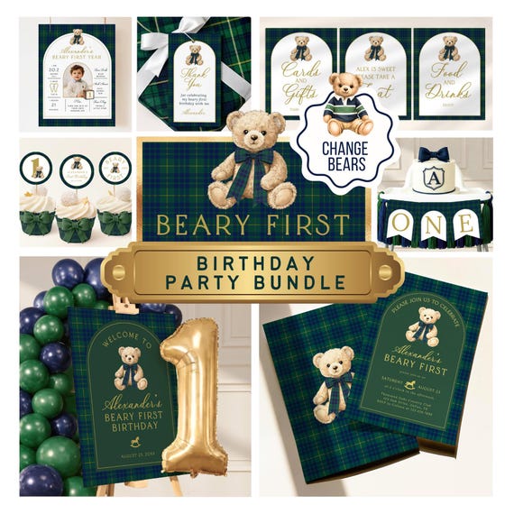 Beary First Birthday Bundle Template, Polo Bear Birthday, Teddy Bear First Birthday Boy, Editable Canva Party Decor, Preppy Plaid Bundle