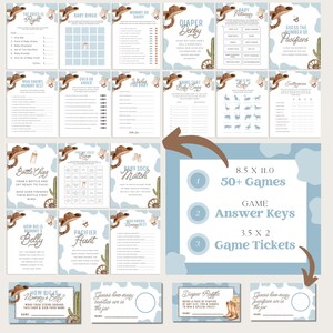 May include: A collection of baby shower games with a cowboy theme. The games include bingo, diaper derby, and guessing games. The design features cowboy hats, cacti, and a light blue and brown color scheme. Includes game tickets and answer keys.
