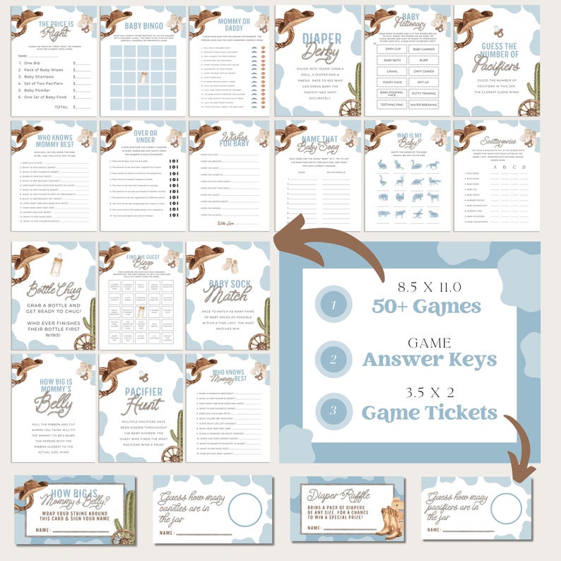May include: A collection of baby shower games with a cowboy theme. The games include bingo, diaper derby, and guessing games. The design features cowboy hats, cacti, and a light blue and brown color scheme. Includes game tickets and answer keys.