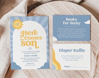 Peut inclure: Une invitation de fête prénatale bleue et jaune avec un graphique de soleil et le texte "Here comes the son". L'invitation comprend les noms Katie & Derek, la date et l'heure de la fête, ainsi que le lieu. L'invitation comprend également une demande aux invités d'apporter un livre au lieu d'une carte, et une feuille d'inscription pour une tombola de couches.