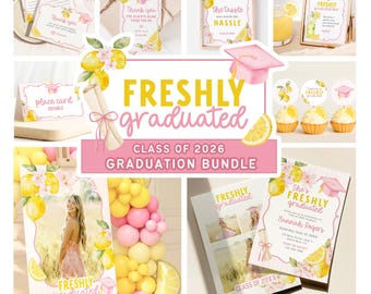 Freshly Graduated Invitation Template Bundle: Lemon Graduation Citrus Grad Invite Theme, Class of 2026 Canva Template (Digital Download)