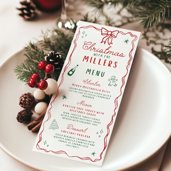 Christmas Menu Template 4x9 – Editable Holiday Dinner Menu Card, Printable Christmas Party Table Decor, Digital Download Menu Design, CH01
