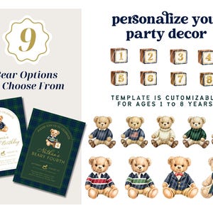 Beary First Birthday Bundle Template, Polo Bear Birthday, Teddy Bear First Birthday Boy, Editable Canva Party Decor, Preppy Plaid Bundle image 2