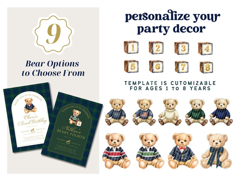 Beary First Birthday Bundle Template, Polo Bear Birthday, Teddy Bear First Birthday Boy, Editable Canva Party Decor, Preppy Plaid Bundle image 2