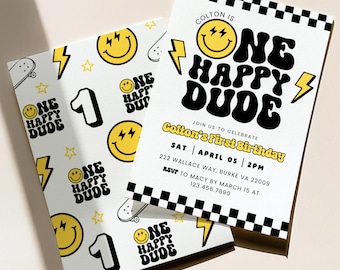 One Happy Dude Invite: 1st Birthday Happy Face (Canva Template)