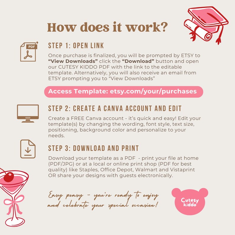 May include: A pink and white digital download guide titled "How does it work?" with instructions on opening a link, creating a Canva account, and downloading a PDF. Includes a graduation cap illustration and a cocktail.