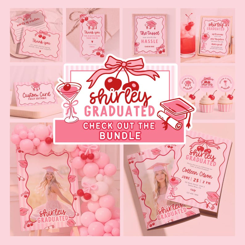 May include: A collection of pink graduation party supplies with cherry and graduation cap motifs. Includes invitations, thank you cards, cupcake toppers, and a sign that says "Shirley Graduated".