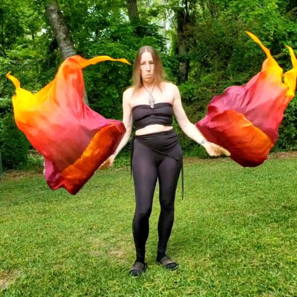 47" Faerie size Fan Veils Flow Arts Fans Sahariah's Desert Silks UV Double Layered Crescent Moon edge style