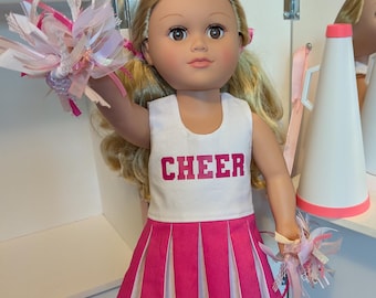 CUSTOM Doll Cheer Set with Outfit, Pom Poms & Megaphone, Personalized, Handmade for 18" Dolls