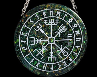 Handmade Resin Decorative Altar Piece or Wall Hanger Viking Compass Vegvisir Loki Green and Gold