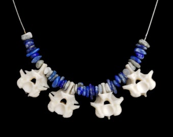 Real Boa Constrictor Snake Vertebrae And Lapis Lazuli Chips On A Silver Alloy Wire Taxidermy Necklace