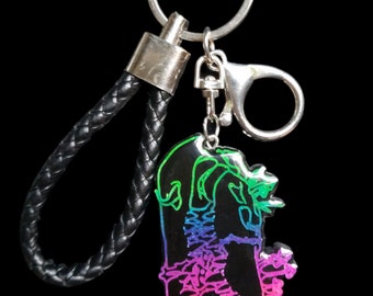 Handmade Resin Curiosity Cabinet Alligator Gator Skull Neon Rainbow On Black Keychain