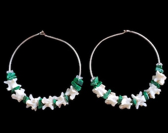 Real Boa Constrictor Spine Vertebrae And Green Malachite Chips Hoop Earrings