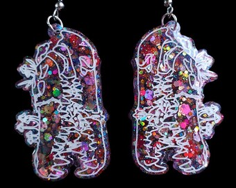 Handmade Resin Alligator Skull Curiosity Cabinet Chunky Pink Glitter Hook Earrings