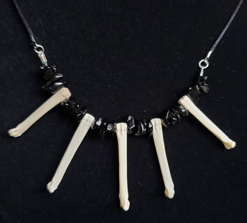 Véritables os métacarpiens de main de lapin pierres d'onyx noires sur un collier de taxidermie de cordon de soie noire image 1