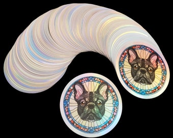 Frenchie Black Brindle French Bulldog Puppy Head Holographic Stained Glass Sticker Created From My Digital Art