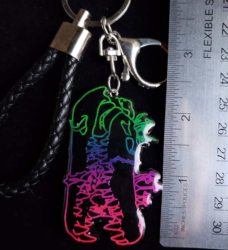 Handmade Resin Curiosity Cabinet Alligator Gator Skull Neon Rainbow On Black Keychain image 2