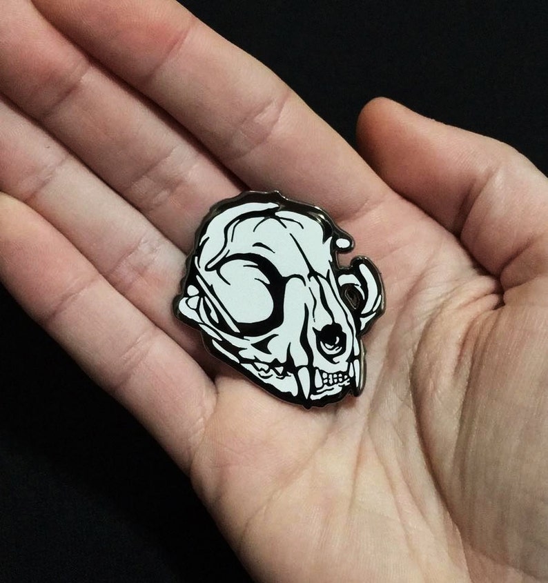 Limited Edition Hard Enamel Domestic Cat Skull Lapel Hat Pin Designed From Hand Drawn Art image 4