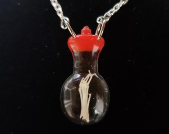 Real Mouse Whole Foot Bones Encased In Bottle Shaped Resin On Silver Chain And Black Silk Cord Taxidermy Necklace
