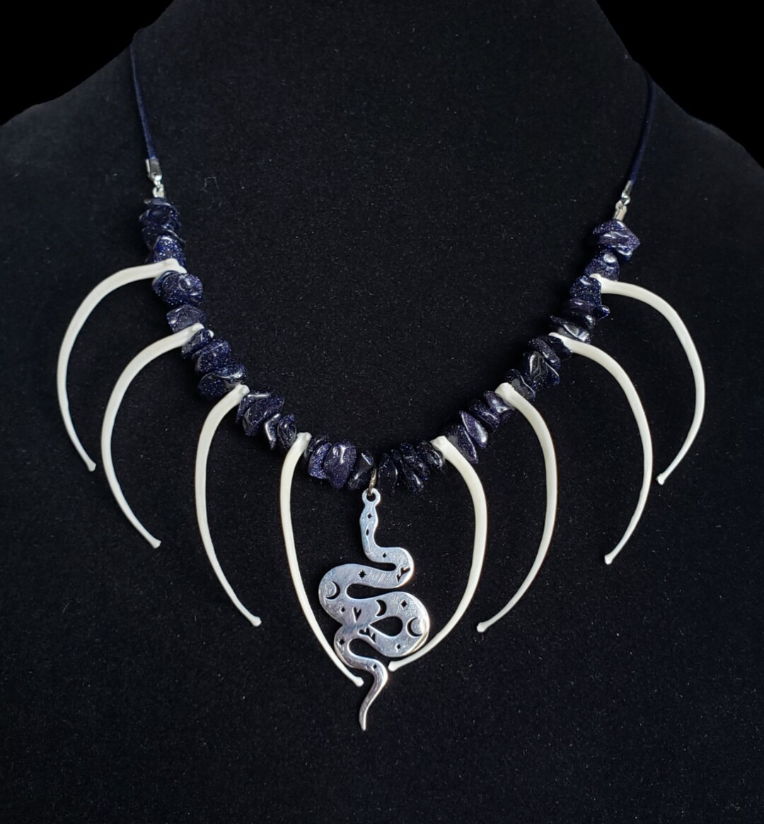Real Ball Python Snake Rib Bones Blue Goldstone and Stainless Steel ...