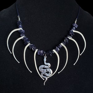 Real Ball Python Snake Rib Bones Blue Goldstone And Stainless Steel Snake Charm On A Blue Silk Cord Taxidermy Necklace image 1